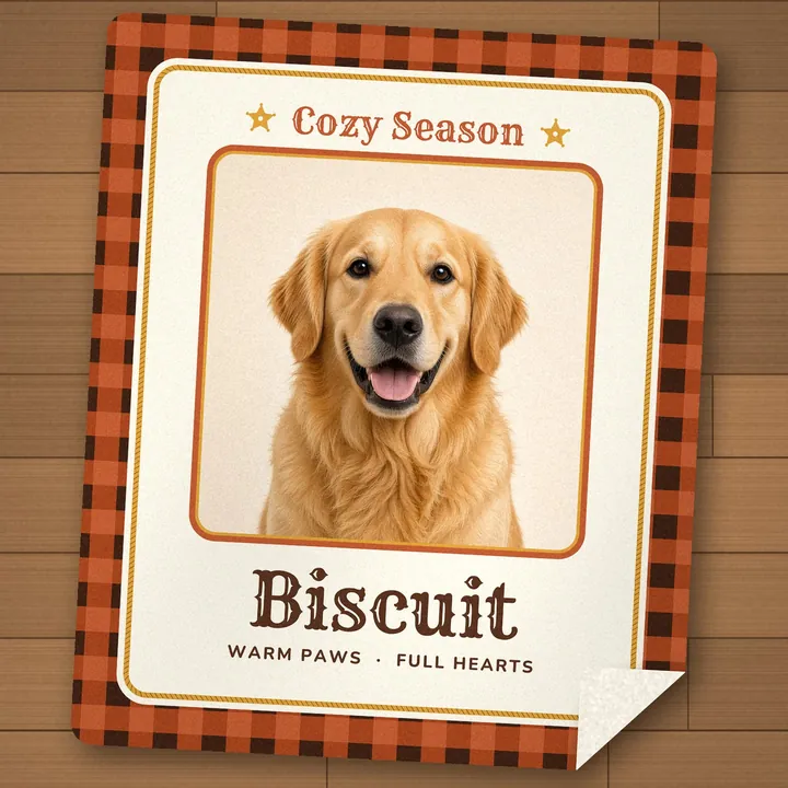 Sherpa photo blanket on a wood floor with a golden retriever photo in a plaid border, reading Cozy Season and Biscuit