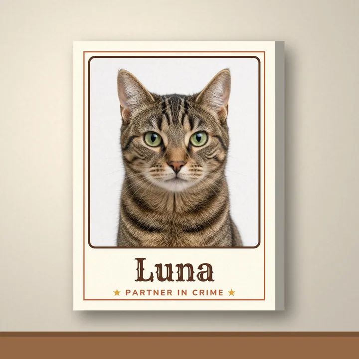 Stretched canvas portrait on a wall with a tabby cat photo, reading Luna, Partner in Crime