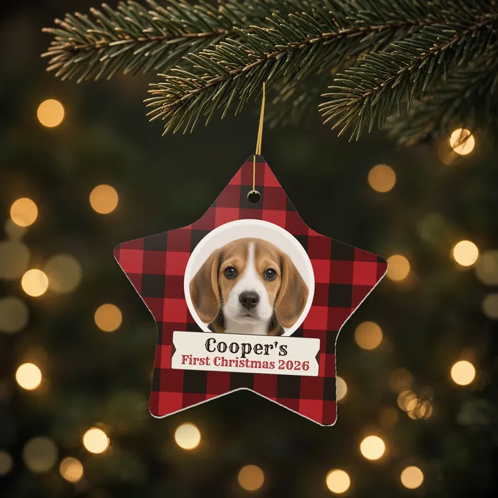 Red and black buffalo plaid star ornament with a beagle photo reading Cooper's First Christmas 2026
