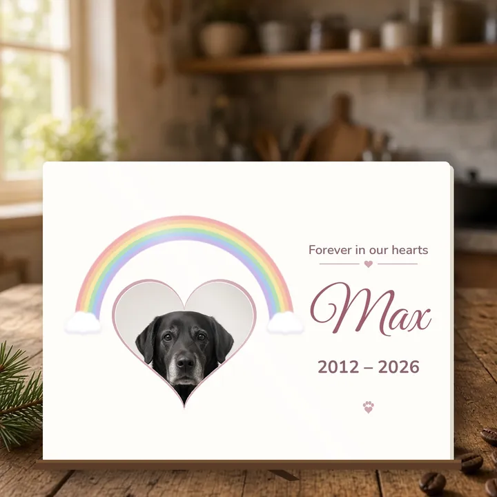 Landscape ceramic photo tile on a table with a black dog photo in a heart under a rainbow, reading Forever in our hearts, Max, 2012 to 2026