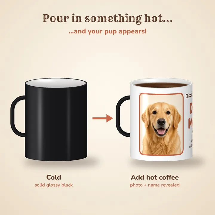 Before and after: a solid black mug, then the same mug filled with hot coffee showing a dog photo