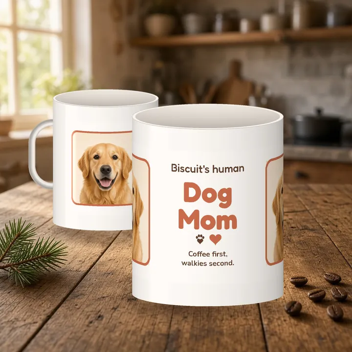 White Dog Mom mug with a golden retriever photo that reads Biscuit's human, Coffee first, walkies second