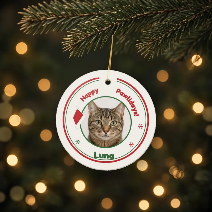 Round Happy Pawlidays ornament with a tabby cat photo, named Luna, hanging on a tree