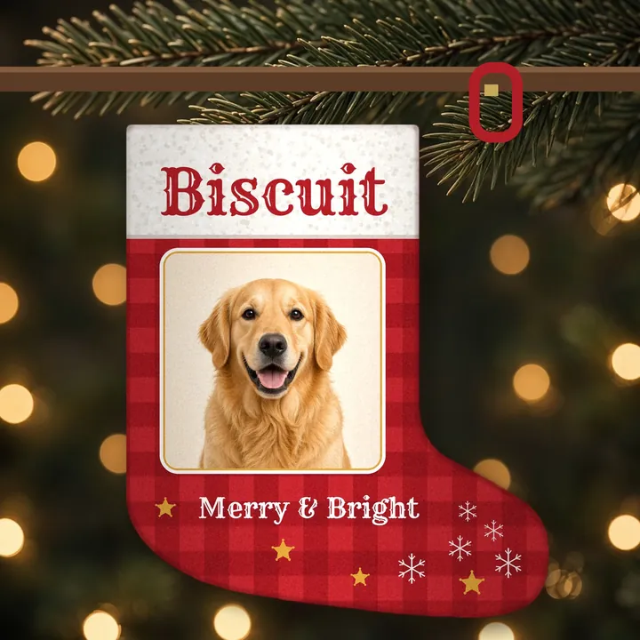 Red plaid Christmas stocking hanging under a tree with a golden retriever photo, reading Biscuit and Merry and Bright